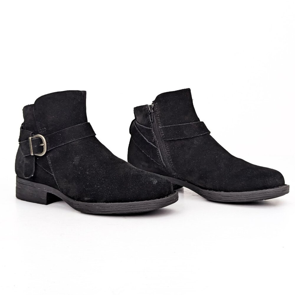 Born Women Syd Black Suede Buckle Strap Zip Moto Riding Ankle Boots sz 9.5